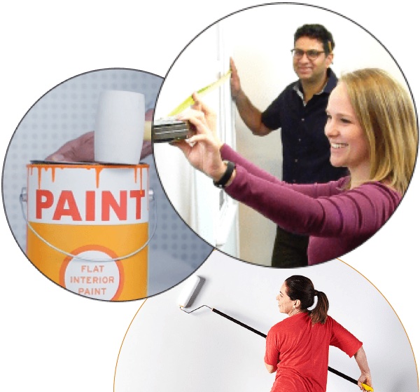Three images of paint, measuring, and painting a wall.
