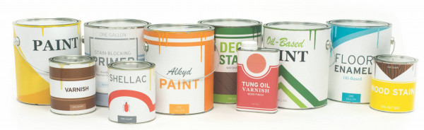 Multiple paint and varnish cans.